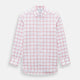 The Turnbull & Asser Coral Grid Check Mayfair Shirt is a white long-sleeve shirt with a collar, made from fine Italian cotton and featuring an evenly spaced coral grid check pattern.