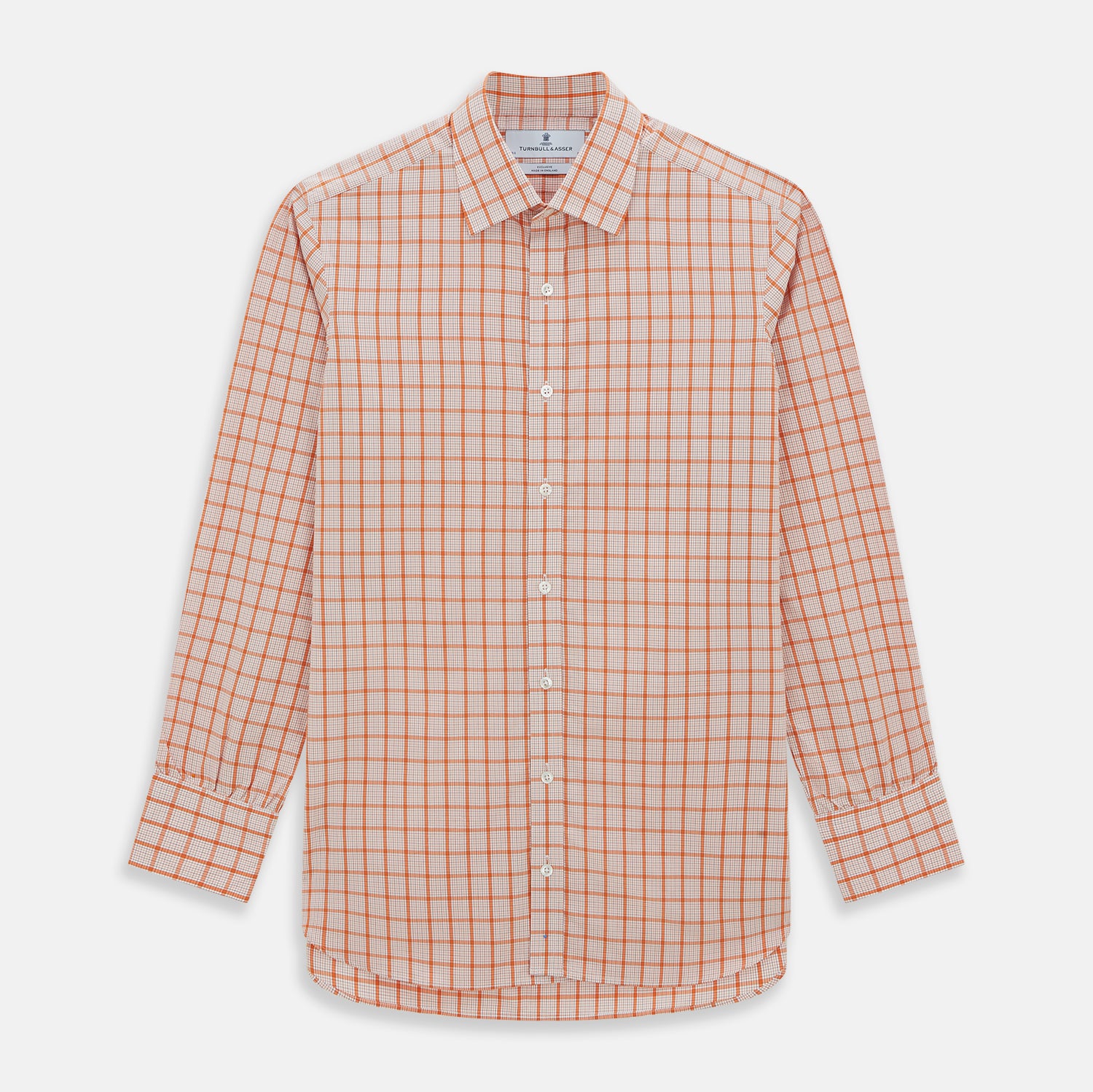 View 1 of product The Turnbull & Asser Orange Graph Overlay Check Mayfair Shirt is a soft organic cotton long-sleeve with button-down front, collar, and cuffs—an ideal capsule wardrobe staple—shown on a plain white background.