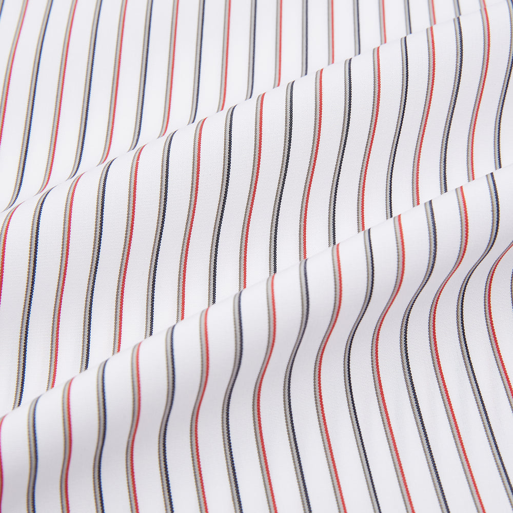 The Red Double Stripe Shirt with contrast T&A collar and cuffs by Turnbull & Asser features classic thin vertical red stripes and solid white collar and cuffs, laid flat on a white background for a timeless look.