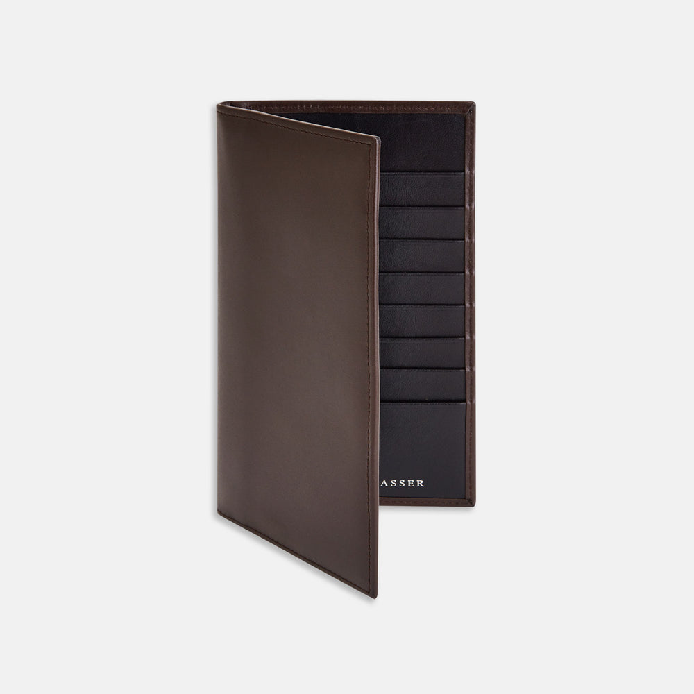 The Turnbull & Asser Brown Coat Wallet stands upright and open against a white background, showcasing multiple black card slots inside.