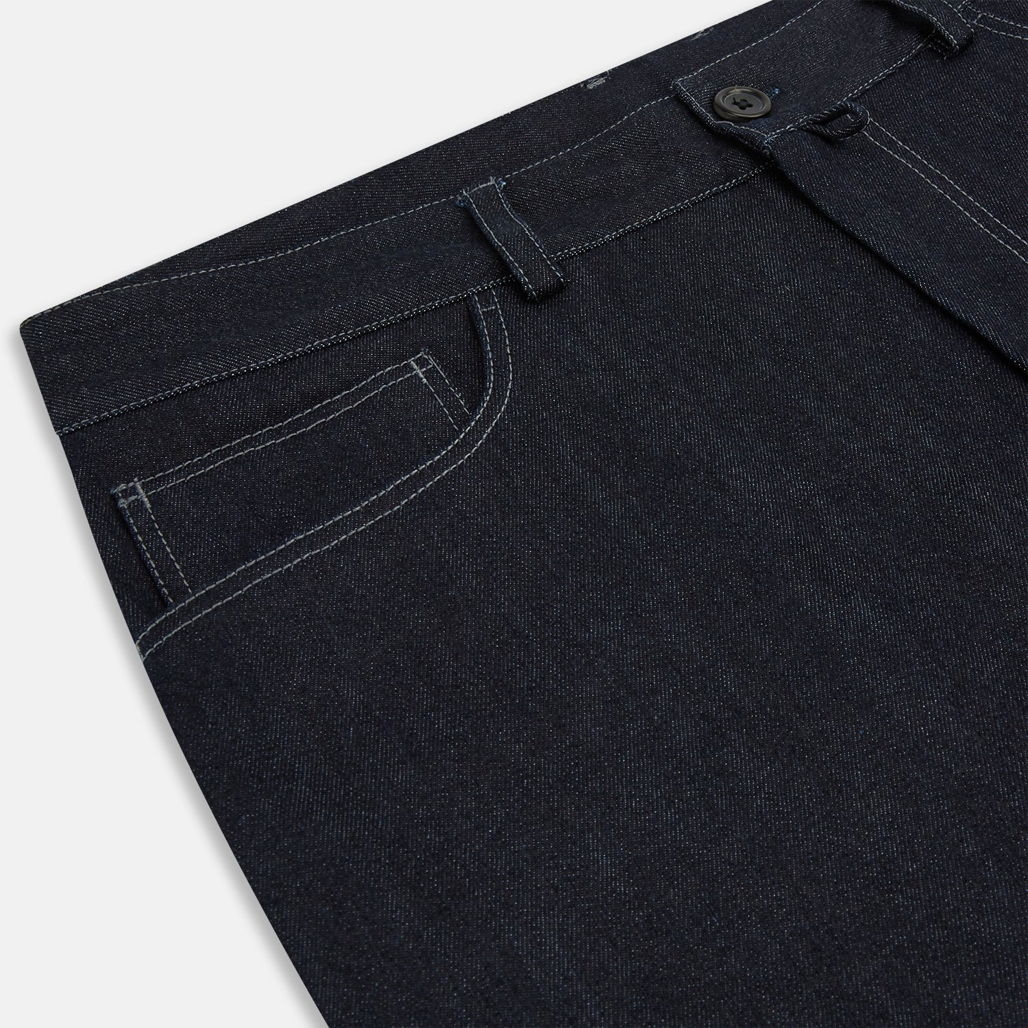 View 2 of product Turnbull & Asser Navy Denim Trousers feature a classic straight-leg cut, button and zipper closure, five-pocket workwear styling, and both front and back pockets, shown against a plain light background.