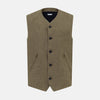 View 1 of product An olive, sleeveless linen twill waistcoat by Turnbull & Asser with a V-neck, five black buttons, two slanted zippered pockets, and a chest pocket, shown against a plain white background.