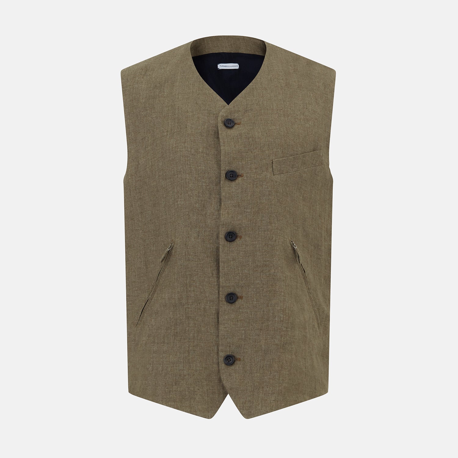 View 1 of product An olive, sleeveless linen twill waistcoat by Turnbull & Asser with a V-neck, five black buttons, two slanted zippered pockets, and a chest pocket, shown against a plain white background.