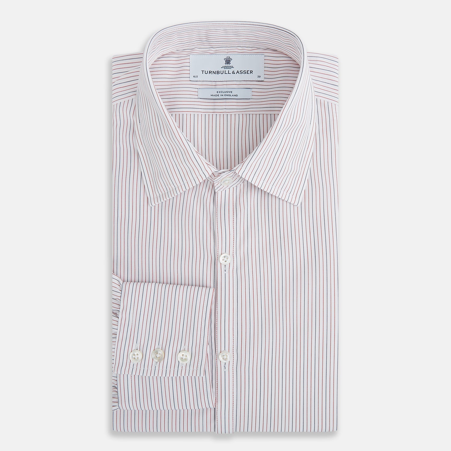 View 5 of product The Turnbull & Asser Red and Blue Ticking Stripe Westminster Shirt features long sleeves, a button-up front, pointed collar, and buttoned cuffs, highlighting British craftsmanship while laid flat on a white background.