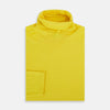 View 4 of product The Turnbull & Asser Canary Yellow Fine Merino High Neck Jumper features soft merino wool, long sleeves, and a classic turtleneck design, presented on a plain white background.
