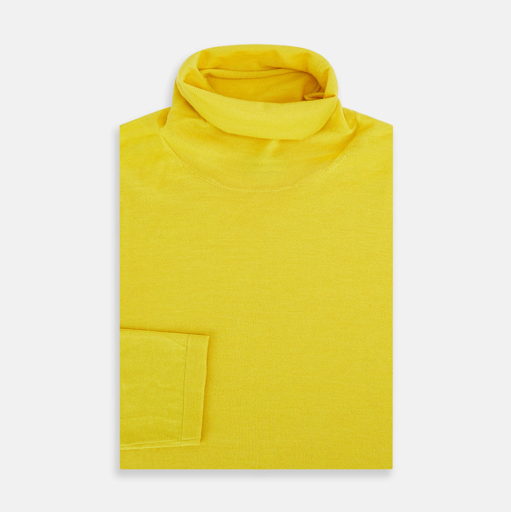 The Turnbull & Asser Canary Yellow Fine Merino High Neck Jumper features soft merino wool, long sleeves, and a classic turtleneck design, presented on a plain white background.