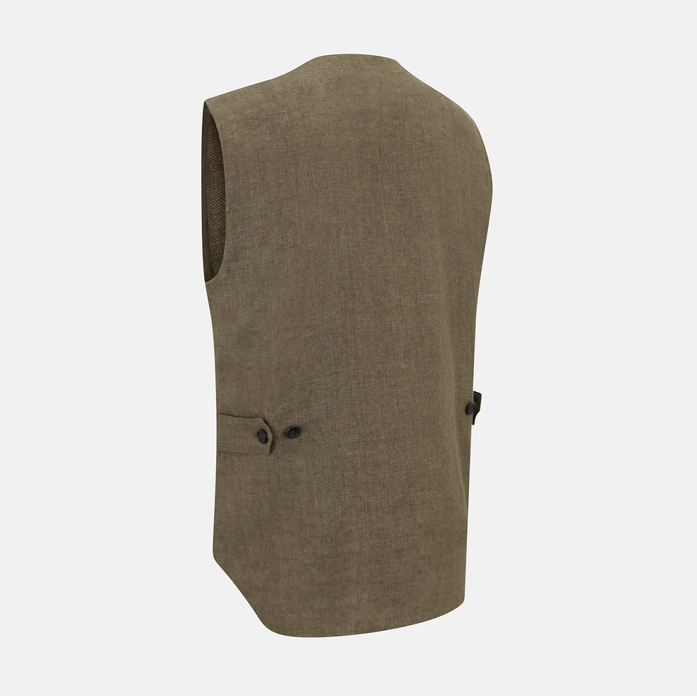An olive, sleeveless linen twill waistcoat by Turnbull & Asser with a V-neck, five black buttons, two slanted zippered pockets, and a chest pocket, shown against a plain white background.