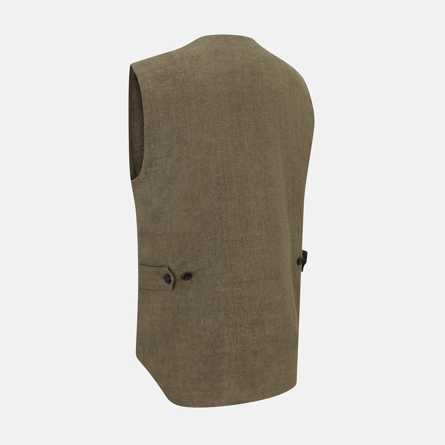 View 4 of product An olive, sleeveless linen twill waistcoat by Turnbull & Asser with a V-neck, five black buttons, two slanted zippered pockets, and a chest pocket, shown against a plain white background.