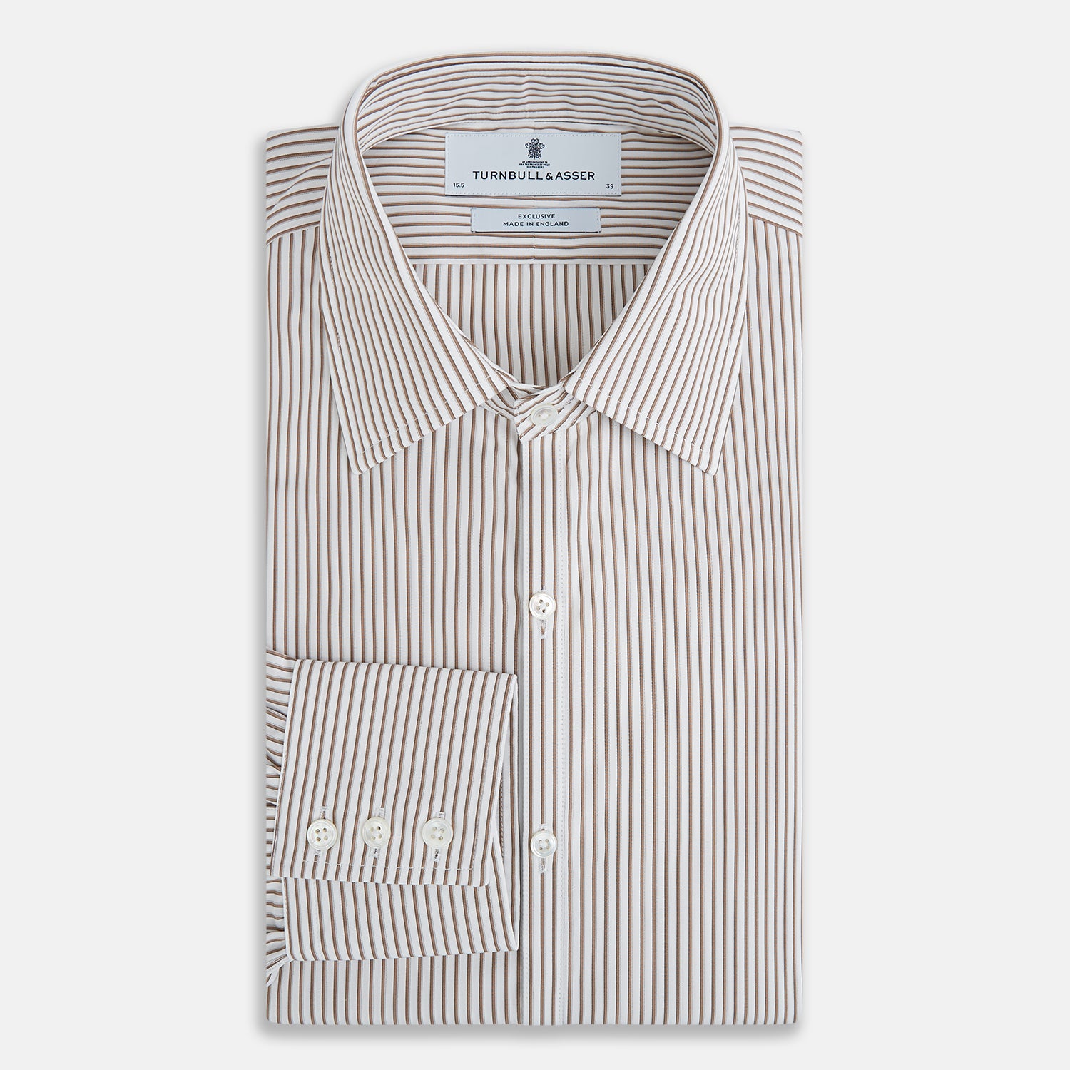 View 5 of product The Turnbull & Asser Coffee Multi Stripe Westminster Shirt features long sleeves, a button-up front, subtle beige and white stripes, a pointed Turnbull collar, and buttoned cuffs—expertly crafted in Britain and shown flat on a white background.