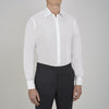 View 2 of product A Turnbull & Asser Two-Fold 200 White Cotton Shirt with T&A collar and double cuffs, neatly folded to show the label inside the collar, is displayed on a light blue background.
