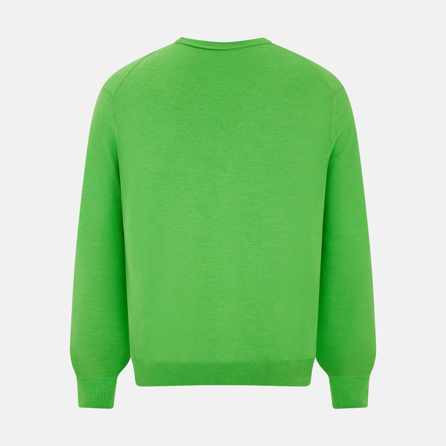 View 3 of product The Turnbull & Asser Lime Green Fine Merino V-Neck Cardigan features long sleeves and dark brown front buttons, shown against a plain white background.