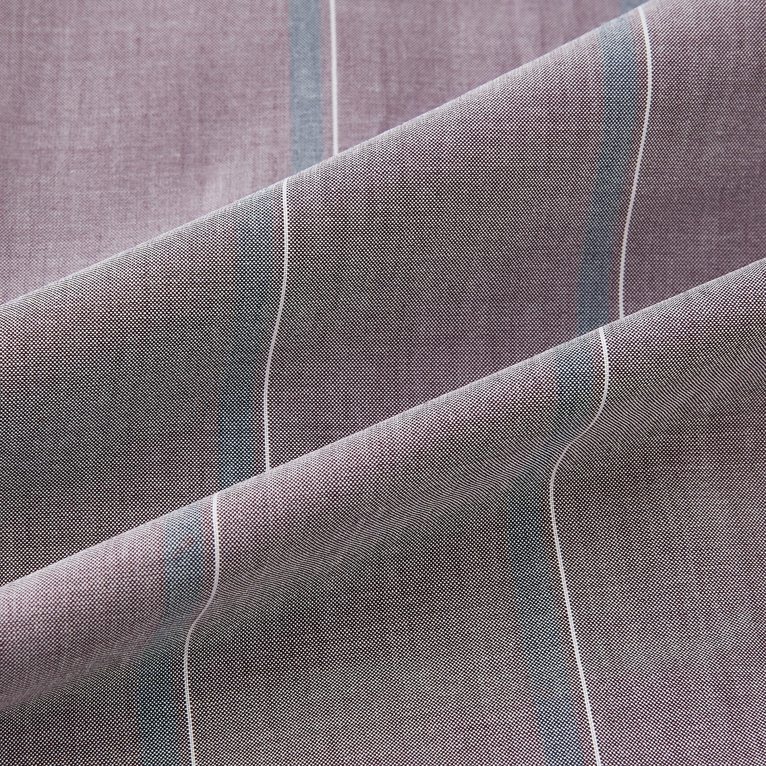 View 6 of product The Turnbull & Asser Light Porto Red Track Stripe Shirt features a Mayfair fit and contrast white T&A collar and cuffs, with vertical blue stripes on mauve, exemplifying British craftsmanship.