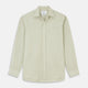 The Turnbull & Asser Soft Green Cashmerello Weekend Fit Finch Shirt features a Derby collar, long sleeves, chest pocket, white buttons, and cuffs. Laid flat on a white background.