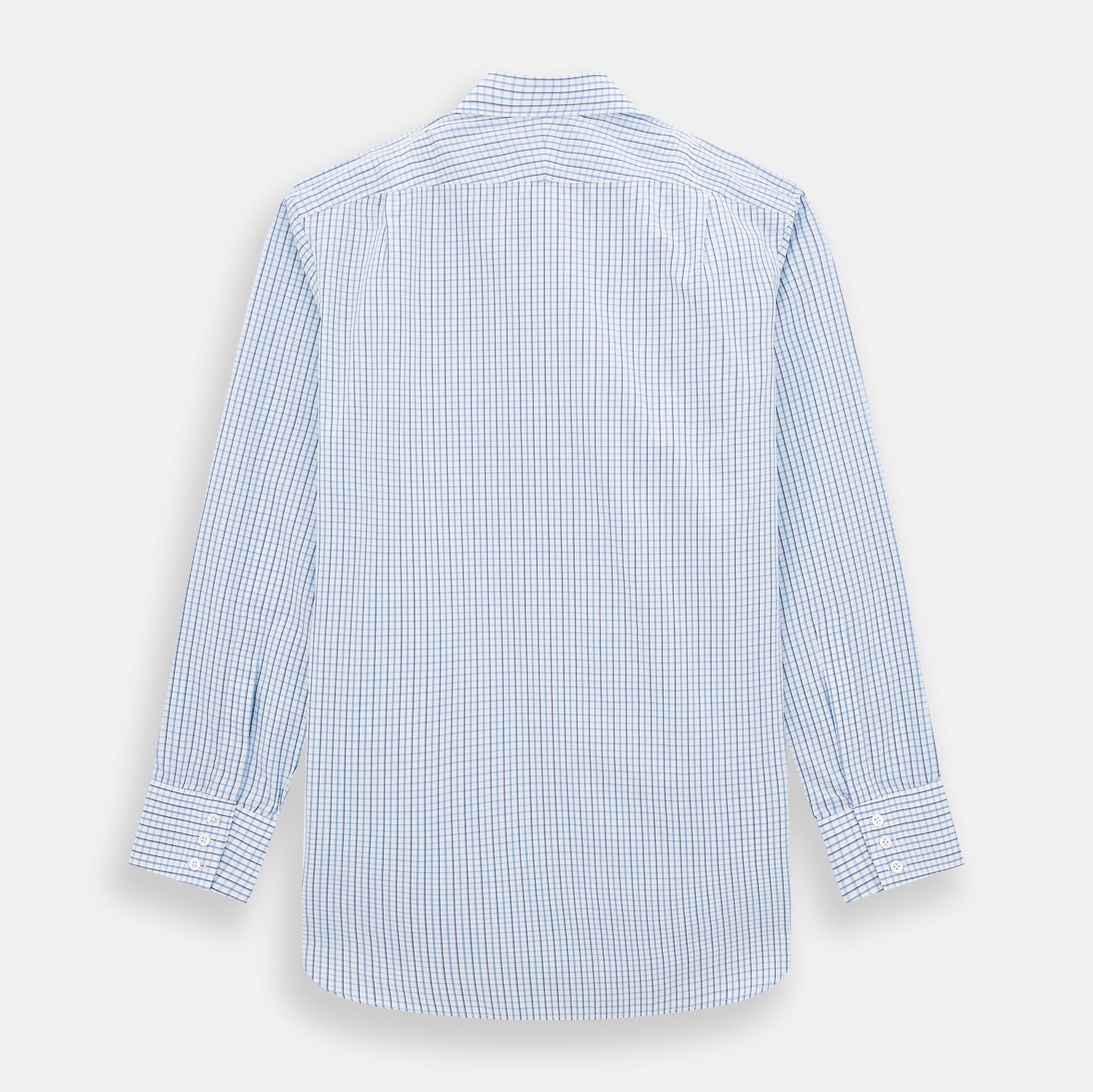View 3 of product The Turnbull & Asser Blue and Navy Tattersall Check Mayfair Shirt features long sleeves, a button-up front, and a T&A collar in the classic Mayfair fit, shown flat against a white background.