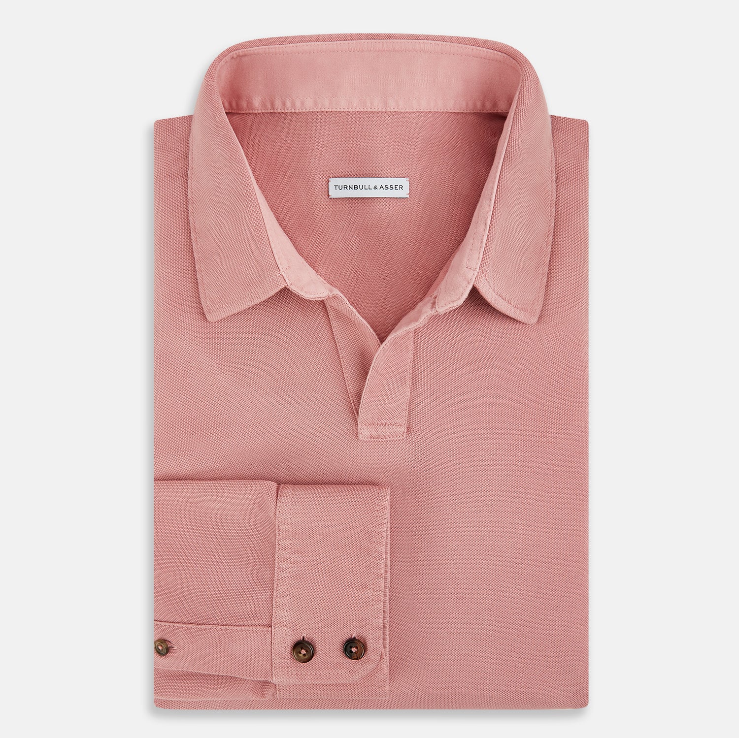 View 5 of product A Turnbull & Asser Red Rugby Polo Shirt with long sleeves, a collared neckline, v-neck opening, and no buttons is laid flat on a white background.