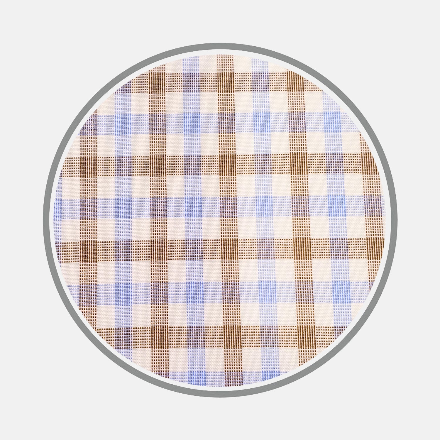 View 2 of product The Blue and Brown Multi Check Cotton Fabric by Turnbull & Asser features alternating blue, brown, and beige squares in a checkered pattern, bordered by a thin gray rim on a white background.