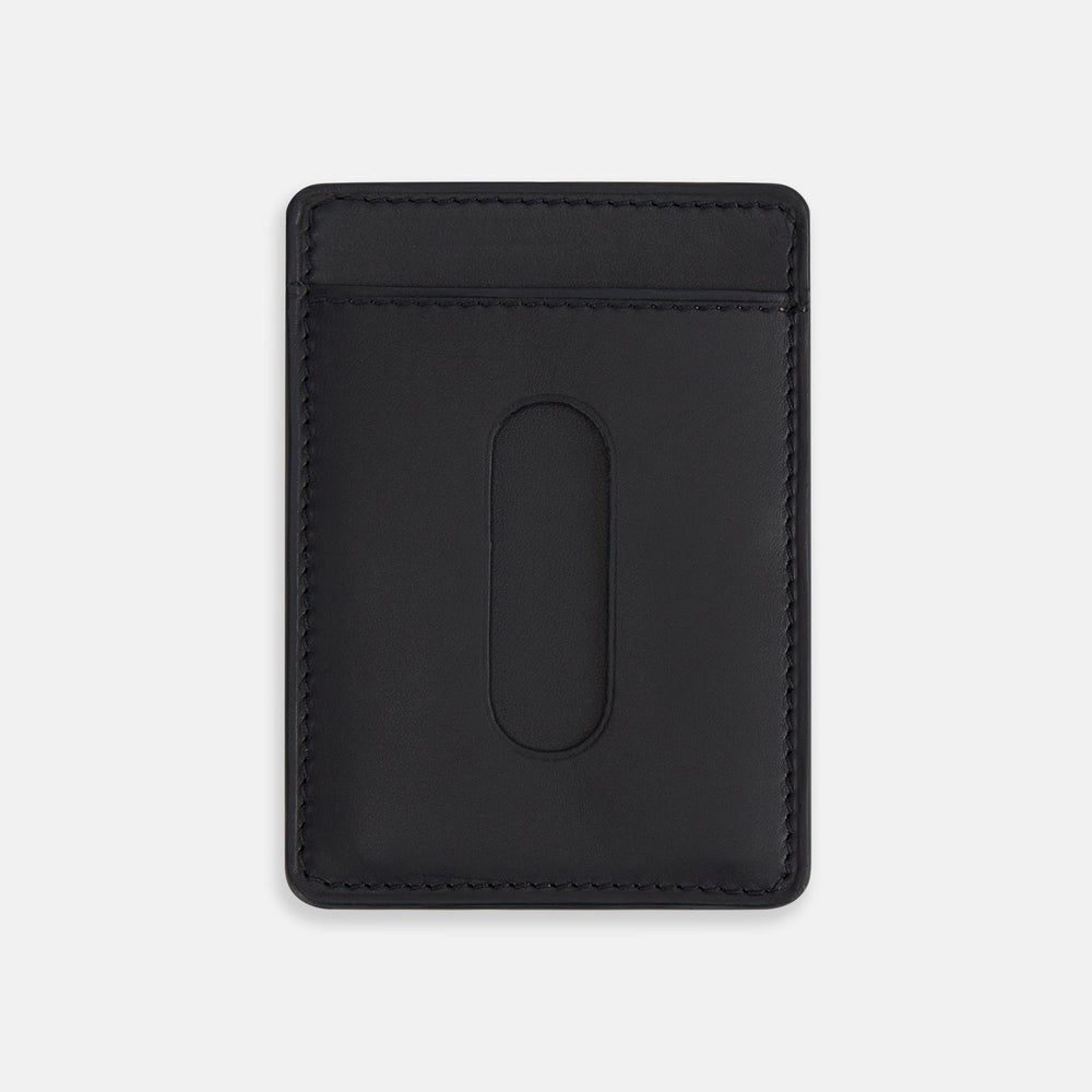 A navy Italian leather two-slot card case with minimal stitching and silver TURNBULL & ASSER text at the bottom center, shown on a plain white background—the perfect minimalist accessory.