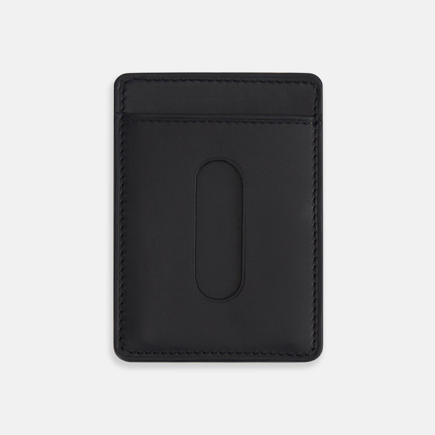 View 2 of product A navy Italian leather two-slot card case with minimal stitching and silver TURNBULL & ASSER text at the bottom center, shown on a plain white background—the perfect minimalist accessory.