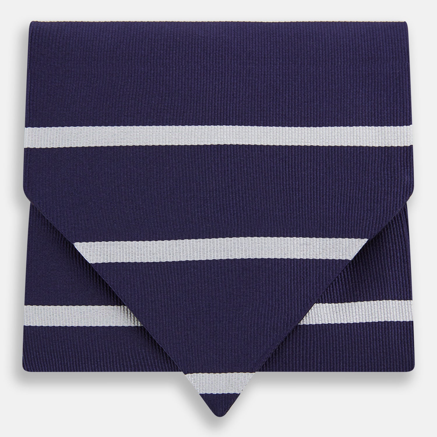 View 1 of product The Turnbull & Asser Silver Stripe and Navy Silk Cravat features two horizontal white stripes on navy silk, offering a sophisticated British-inspired design—ideal as a unique wedding accessory.