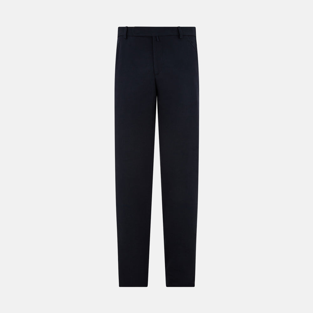 A pair of Navy Henry B Trousers by Turnbull & Asser, crafted from fine Italian cotton with belt loops, a flat front, and straight-leg design, displayed against a plain white background.