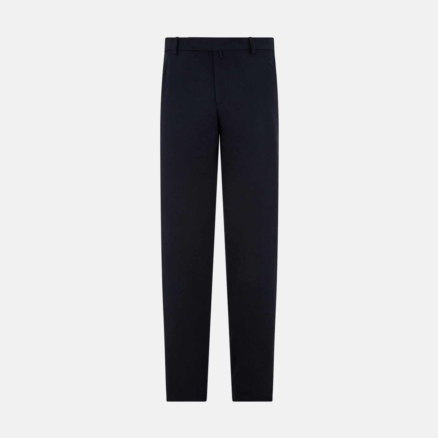 View 1 of product A pair of Navy Henry B Trousers by Turnbull & Asser, crafted from fine Italian cotton with belt loops, a flat front, and straight-leg design, displayed against a plain white background.