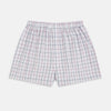 View 1 of product Turnbull & Asser’s Purple and Orange Multi Graph Check Godfrey Boxer Shorts for men feature an elastic waistband and are crafted from fine Italian cotton, shown on a plain white background.