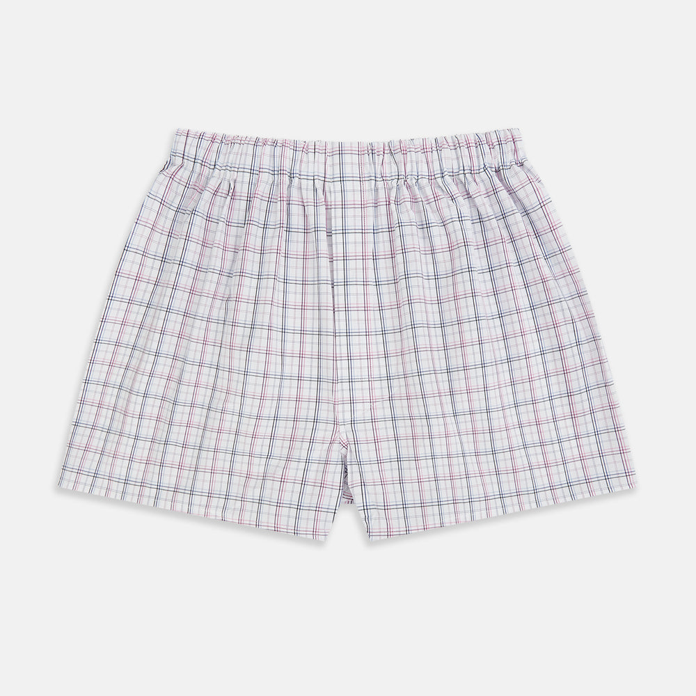 Turnbull & Asser’s Purple and Orange Multi Graph Check Godfrey Boxer Shorts for men feature an elastic waistband and are crafted from fine Italian cotton, shown on a plain white background.