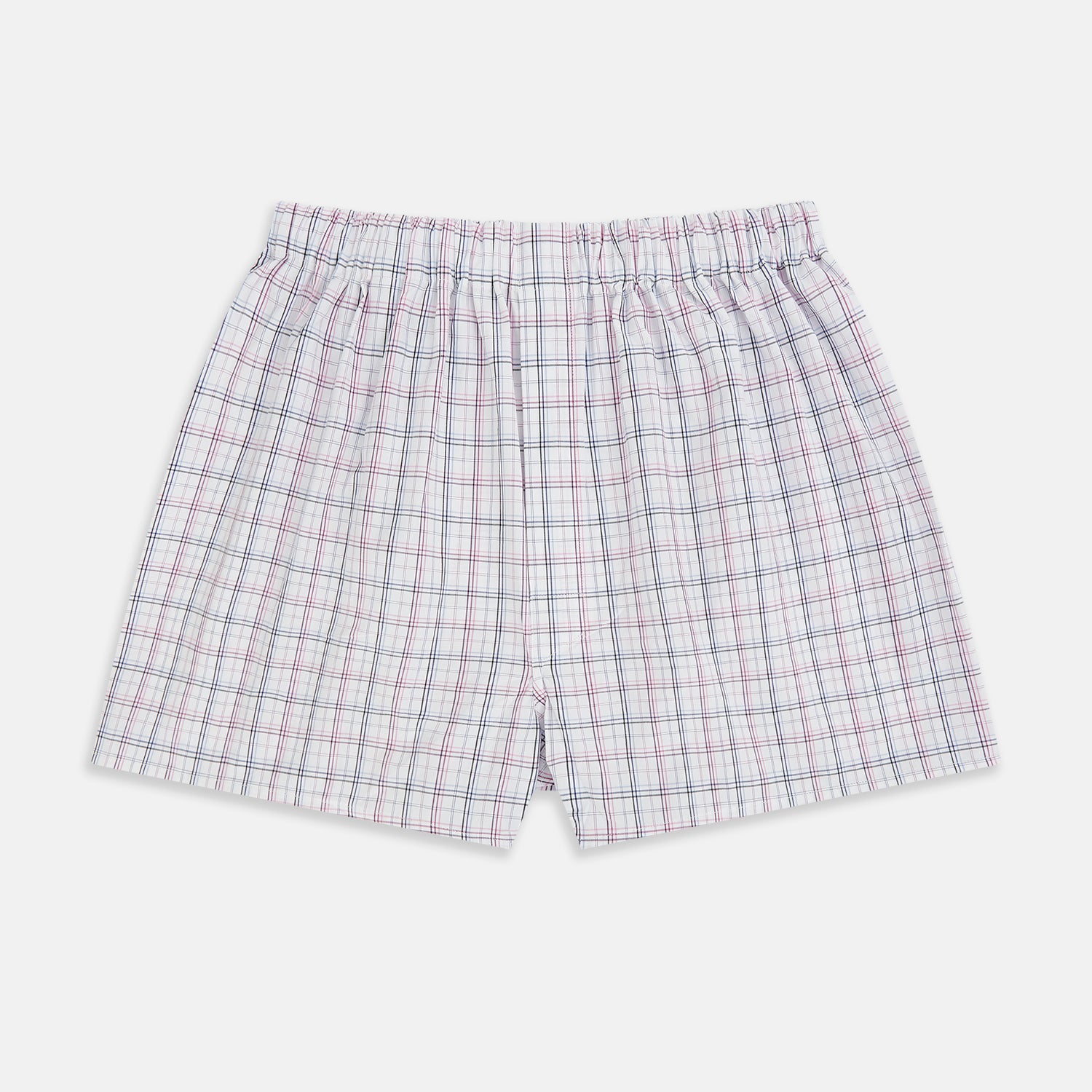 View 1 of product Turnbull & Asser’s Purple and Orange Multi Graph Check Godfrey Boxer Shorts for men feature an elastic waistband and are crafted from fine Italian cotton, shown on a plain white background.