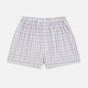 Turnbull & Asser’s Purple and Orange Multi Graph Check Godfrey Boxer Shorts for men feature an elastic waistband and are crafted from fine Italian cotton, shown on a plain white background.