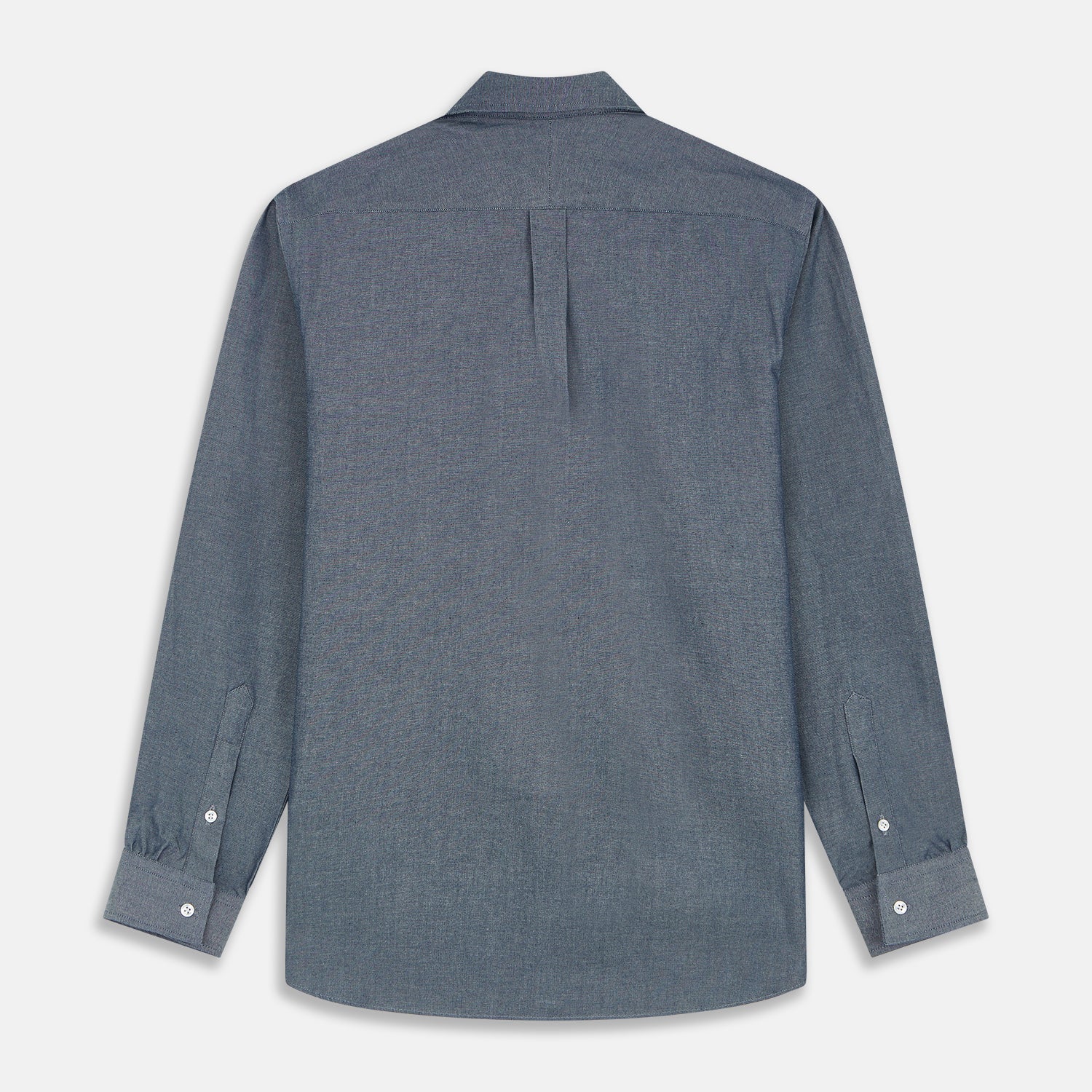 View 3 of product The Turnbull & Asser Blue Weekend Fit Oxford Finch Shirt features a Derby collar, chest pocket, white buttons, and classic fit—part of the Weekend Fit shirts collection—laid flat on a white background.