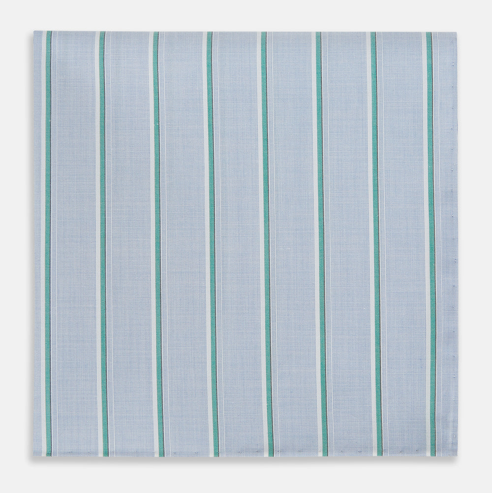 The Turnbull & Asser Blue and Green Multi Stripe Hand-Rolled Handkerchief features evenly spaced vertical stripes and hand-rolled edges, displayed neatly folded on a white background.