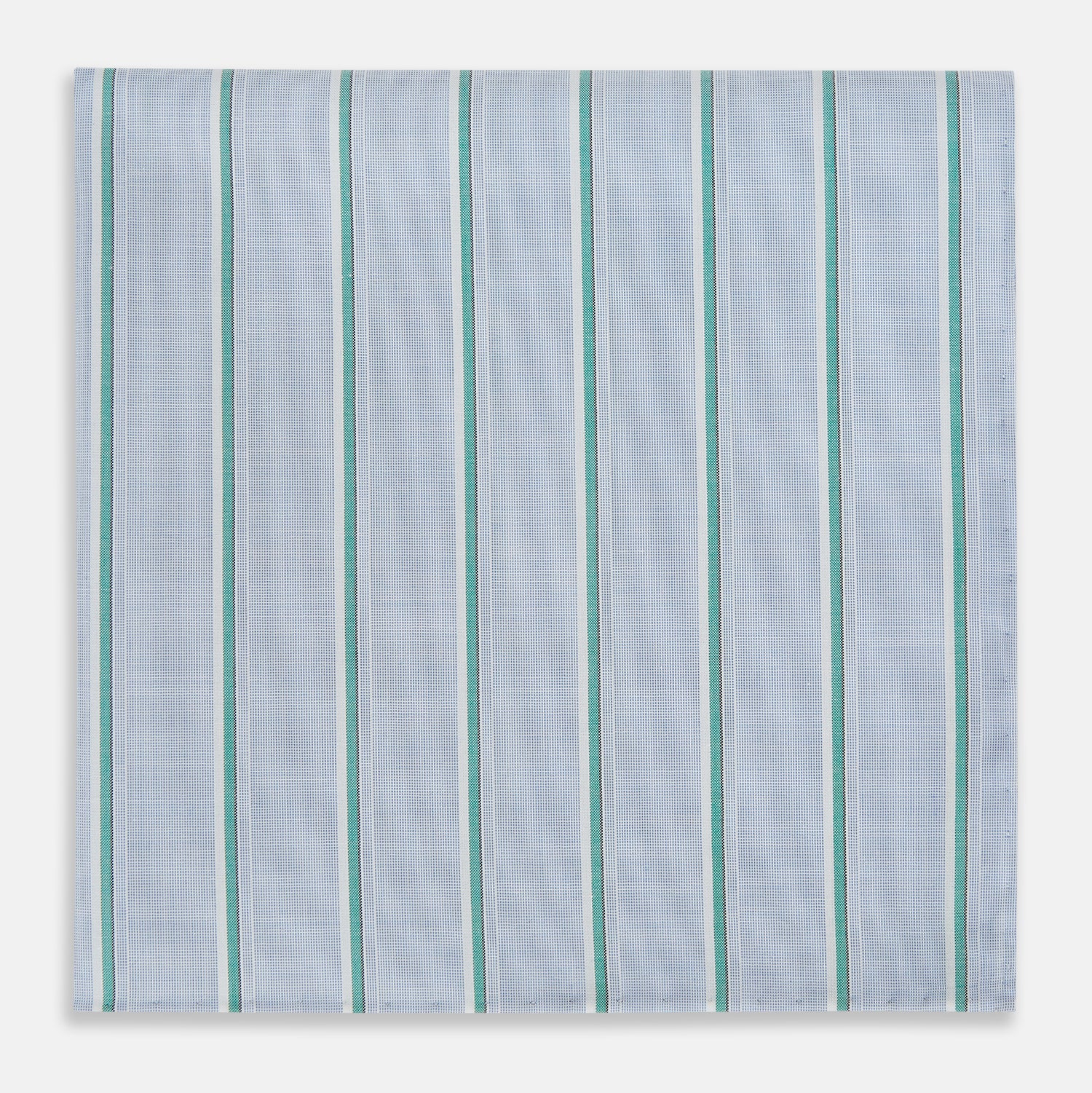 View 1 of product The Turnbull & Asser Blue and Green Multi Stripe Hand-Rolled Handkerchief features evenly spaced vertical stripes and hand-rolled edges, displayed neatly folded on a white background.