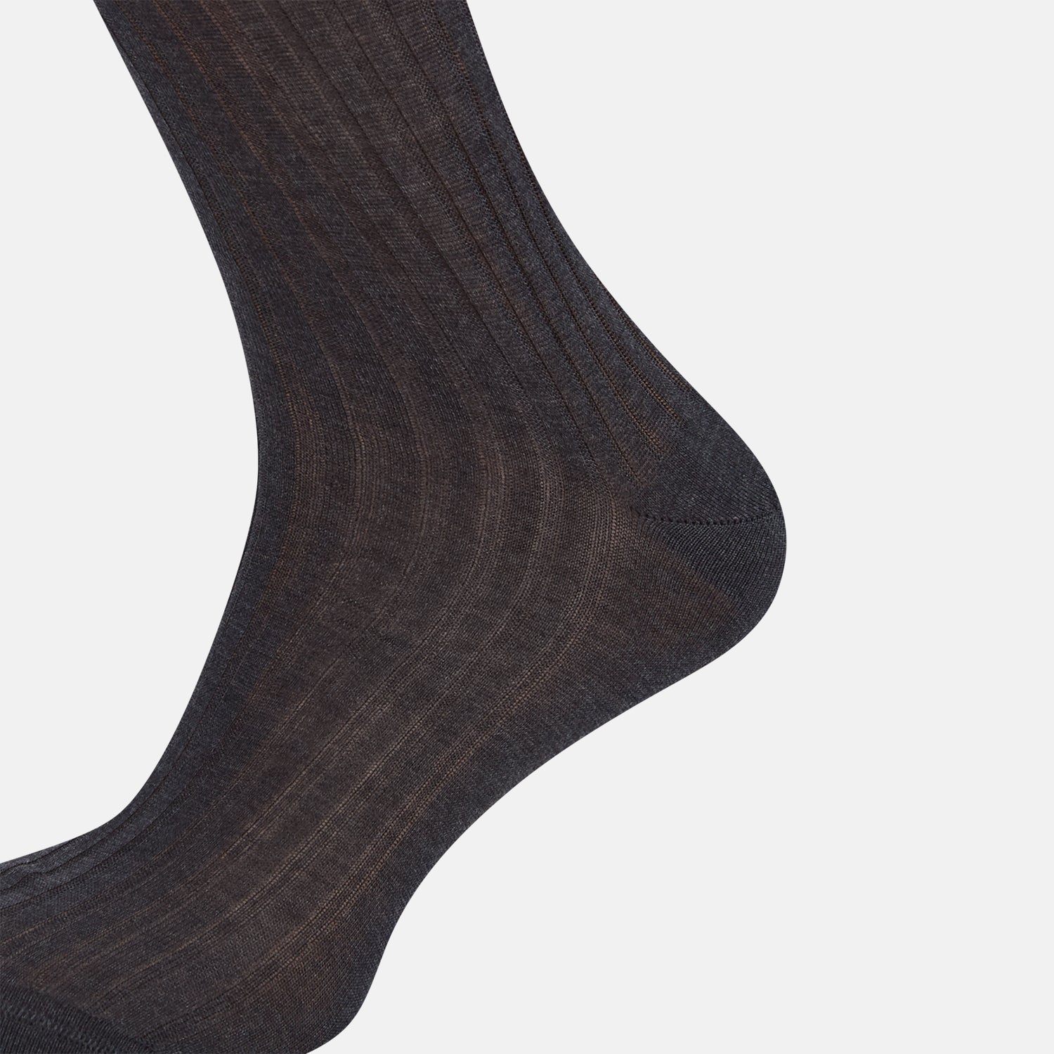 View 4 of product A single Charcoal Mid-Length Sock by Turnbull & Asser, crafted from mercerised Egyptian cotton in dark brown flat-knit, is displayed upright against a plain white background.