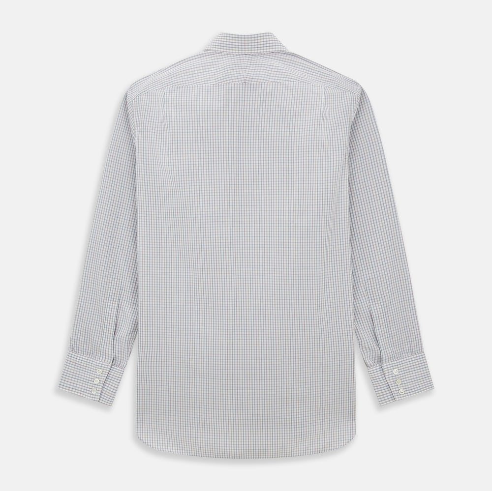 The Turnbull & Asser Sky Blue Multi Graph Check Shirt features long sleeves, a button-up front, pointed T&A collar, buttoned cuffs, and a small blue-and-white check pattern, shown on a white background.