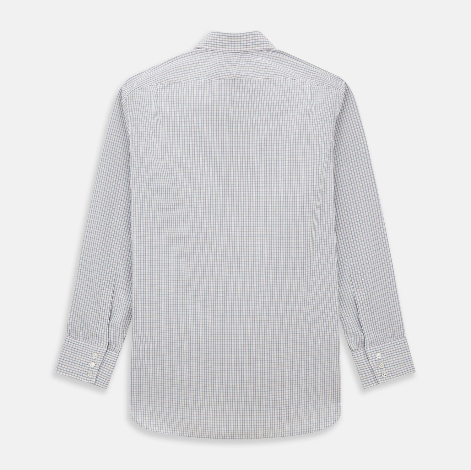 View 3 of product The Turnbull & Asser Sky Blue Multi Graph Check Shirt features long sleeves, a button-up front, pointed T&A collar, buttoned cuffs, and a small blue-and-white check pattern, shown on a white background.