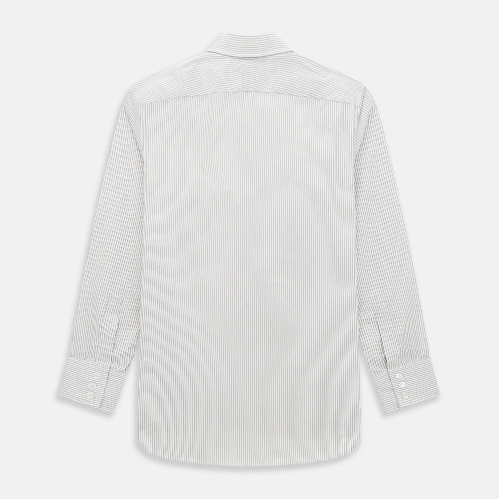 The Coffee and Grey Shadow Pinstripe Westminster Shirt by Turnbull & Asser features thin white and gray stripes, a long sleeve, button-down style, and signature collar, all reflecting classic British craftsmanship.