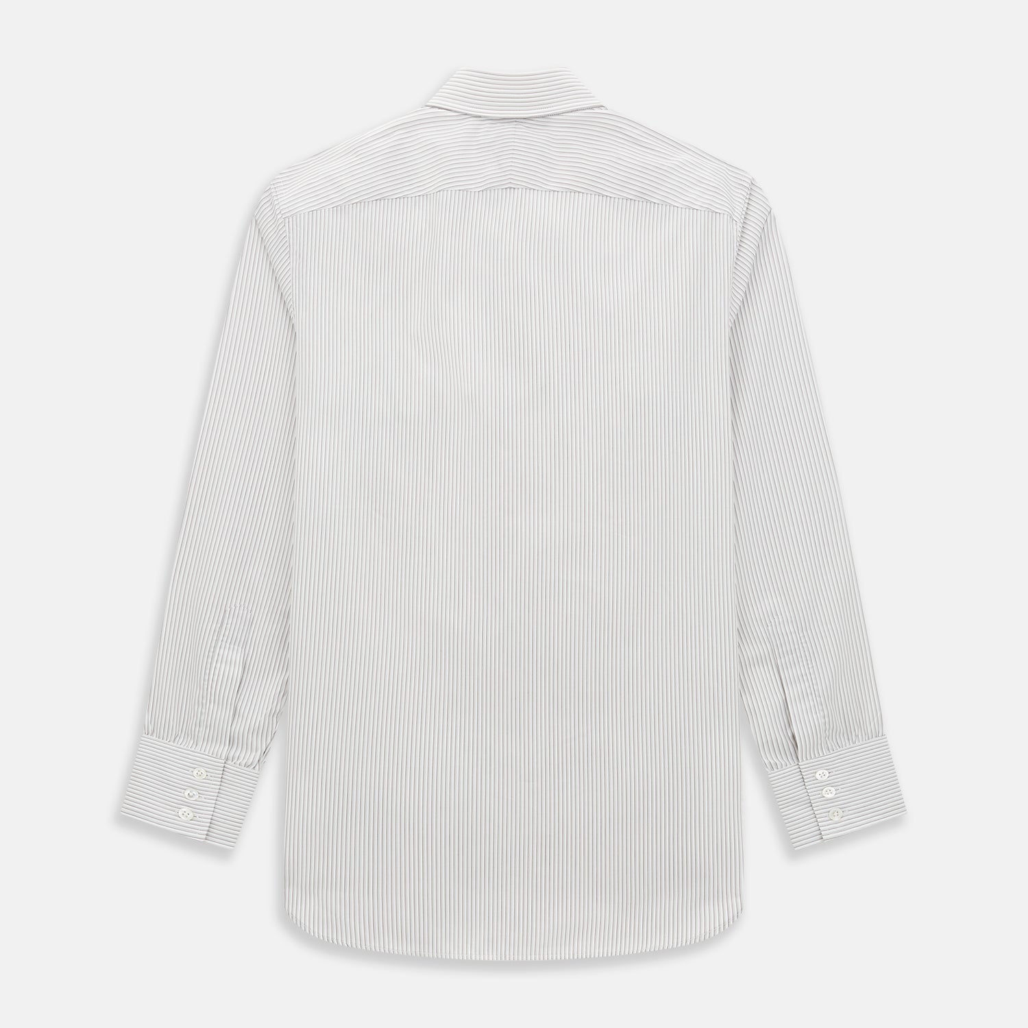 View 3 of product The Coffee and Grey Shadow Pinstripe Westminster Shirt by Turnbull & Asser features thin white and gray stripes, a long sleeve, button-down style, and signature collar, all reflecting classic British craftsmanship.