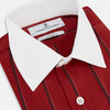View 2 of product The Turnbull & Asser Dark Red Track Stripe Shirt with Contrast T&A Collar and Cuffs features vertical black stripes, a white collar and cuffs, Mayfair fit, and fine British craftsmanship, shown laid flat on a plain background.
