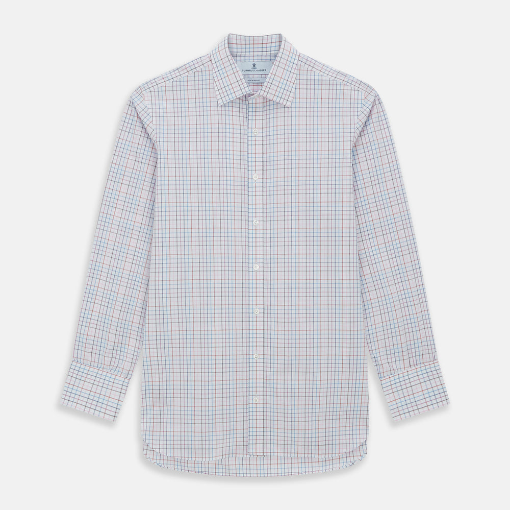 The Turnbull & Asser Pink Multi Double Grid Check Mayfair Shirt, made from organic cotton with a pointed collar and buttoned cuffs, features a light pink base with blue and red grid checks and is shown flat on a white background.