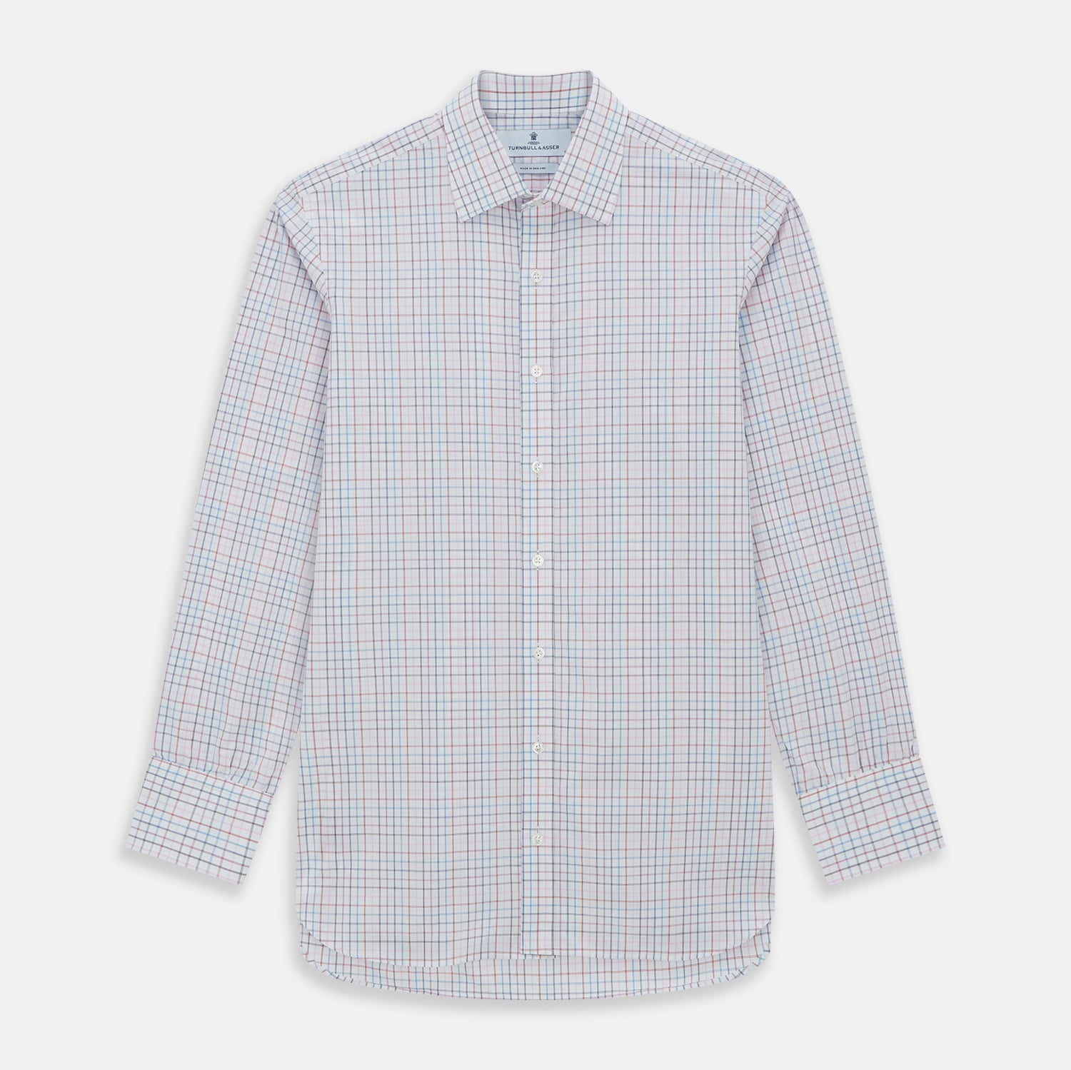 View 1 of product The Turnbull & Asser Pink Multi Double Grid Check Mayfair Shirt, made from organic cotton with a pointed collar and buttoned cuffs, features a light pink base with blue and red grid checks and is shown flat on a white background.