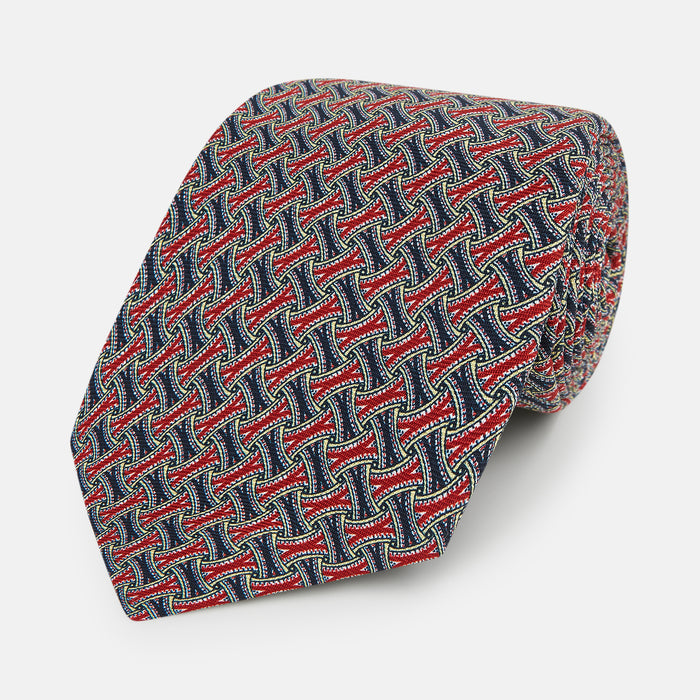 Red and Navy Weave-Patterned Printed Silk Tie