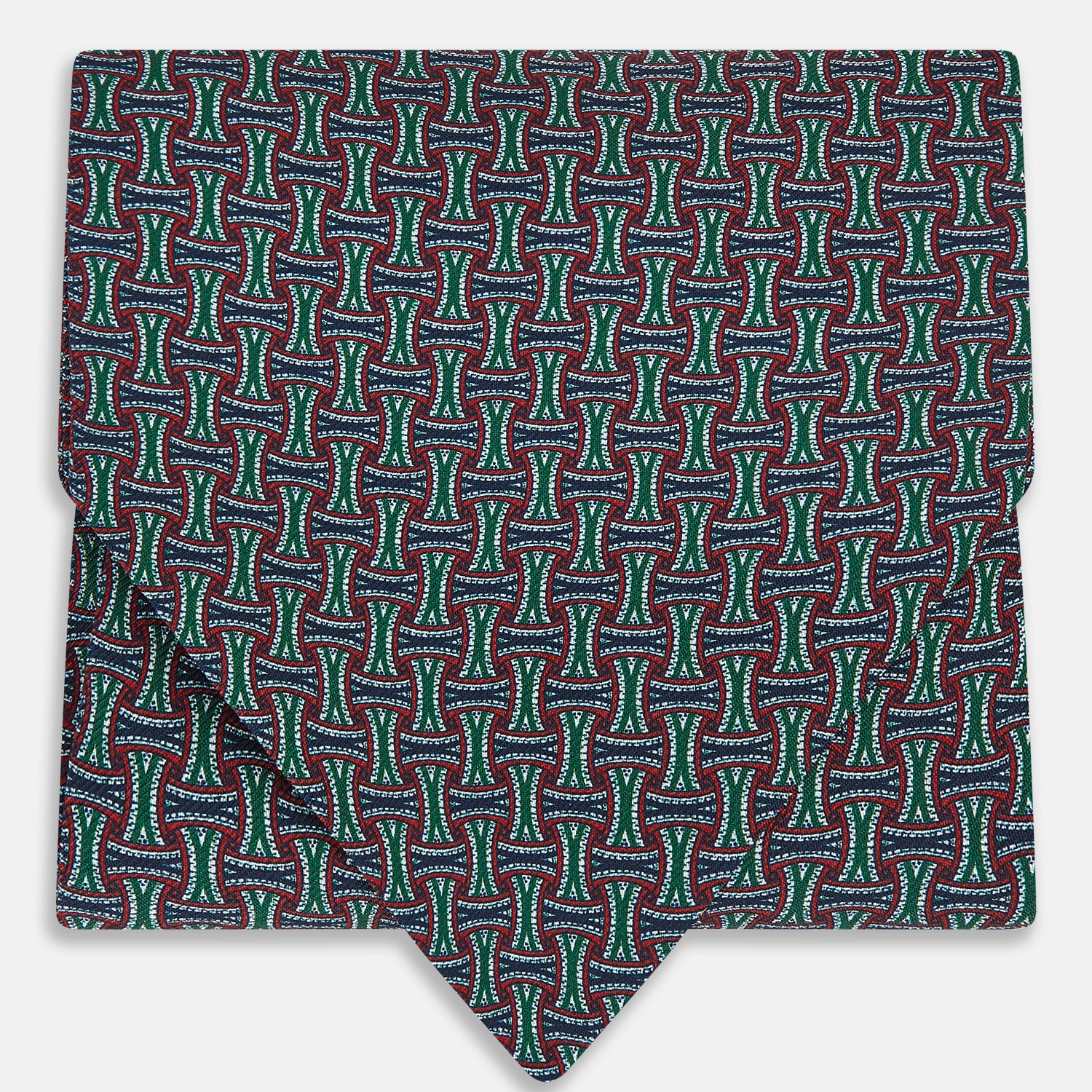View 1 of product The Forest Green and Red Weave Patterned Silk Cravat by Turnbull & Asser features an elegant geometric design in rich hues, folded to a pointed end for a classic, British-inspired look.