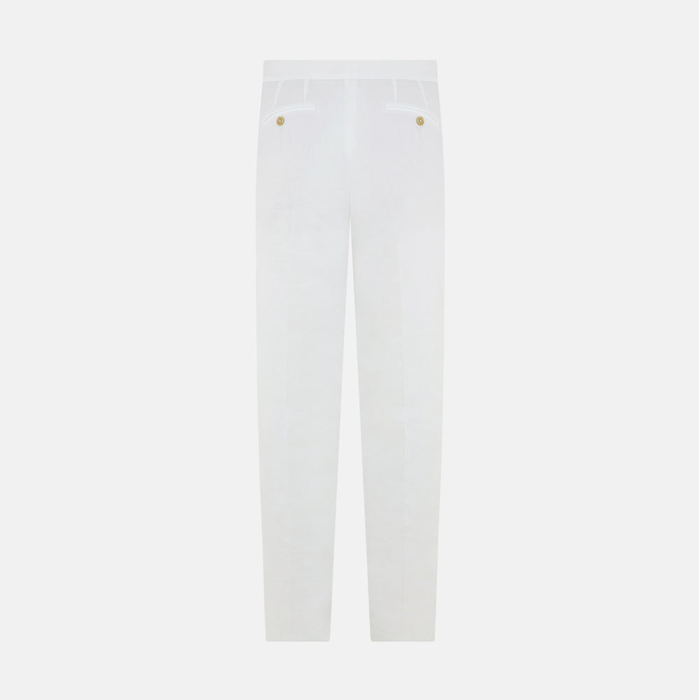 Turnbull & Asser White Linen Henry Trousers, featuring a straight-leg cut with front button and zip closure, are displayed against a plain white background.