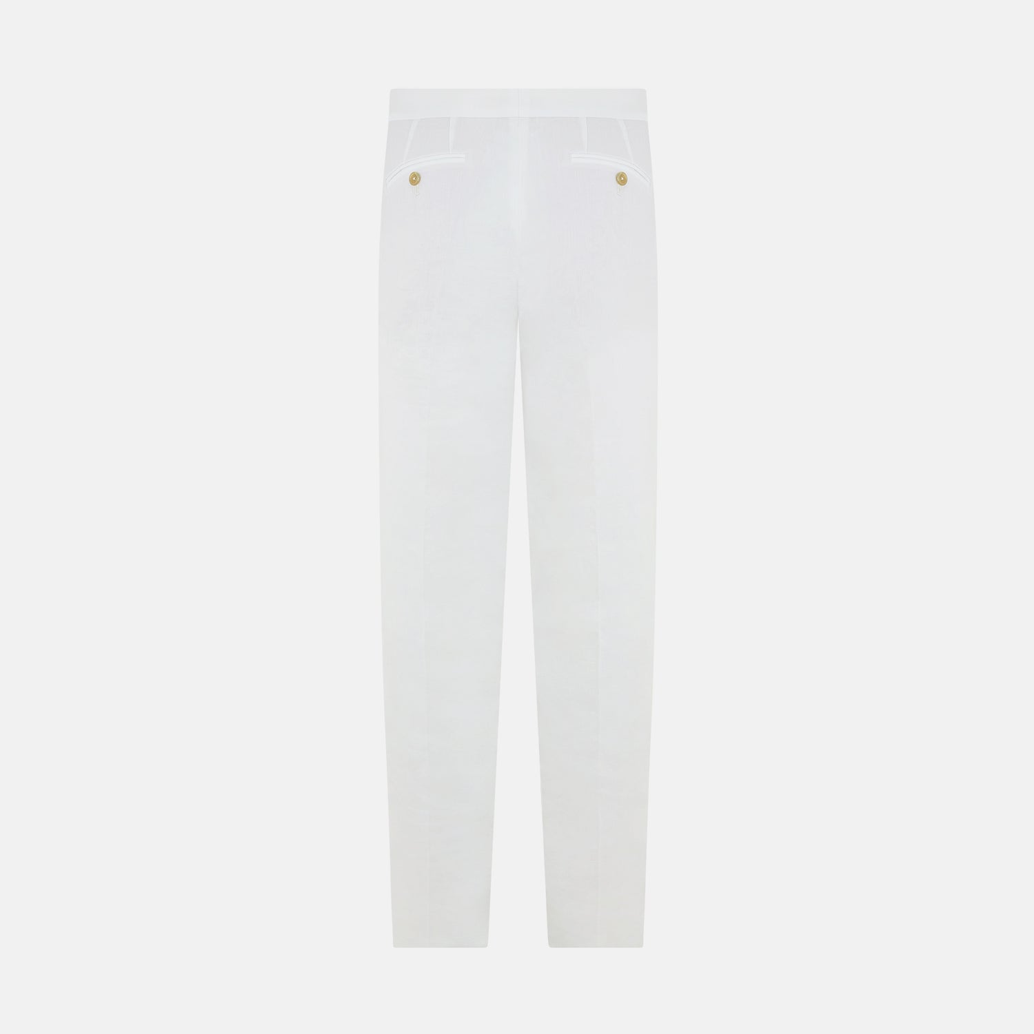 View 4 of product Turnbull & Asser White Linen Henry Trousers, featuring a straight-leg cut with front button and zip closure, are displayed against a plain white background.