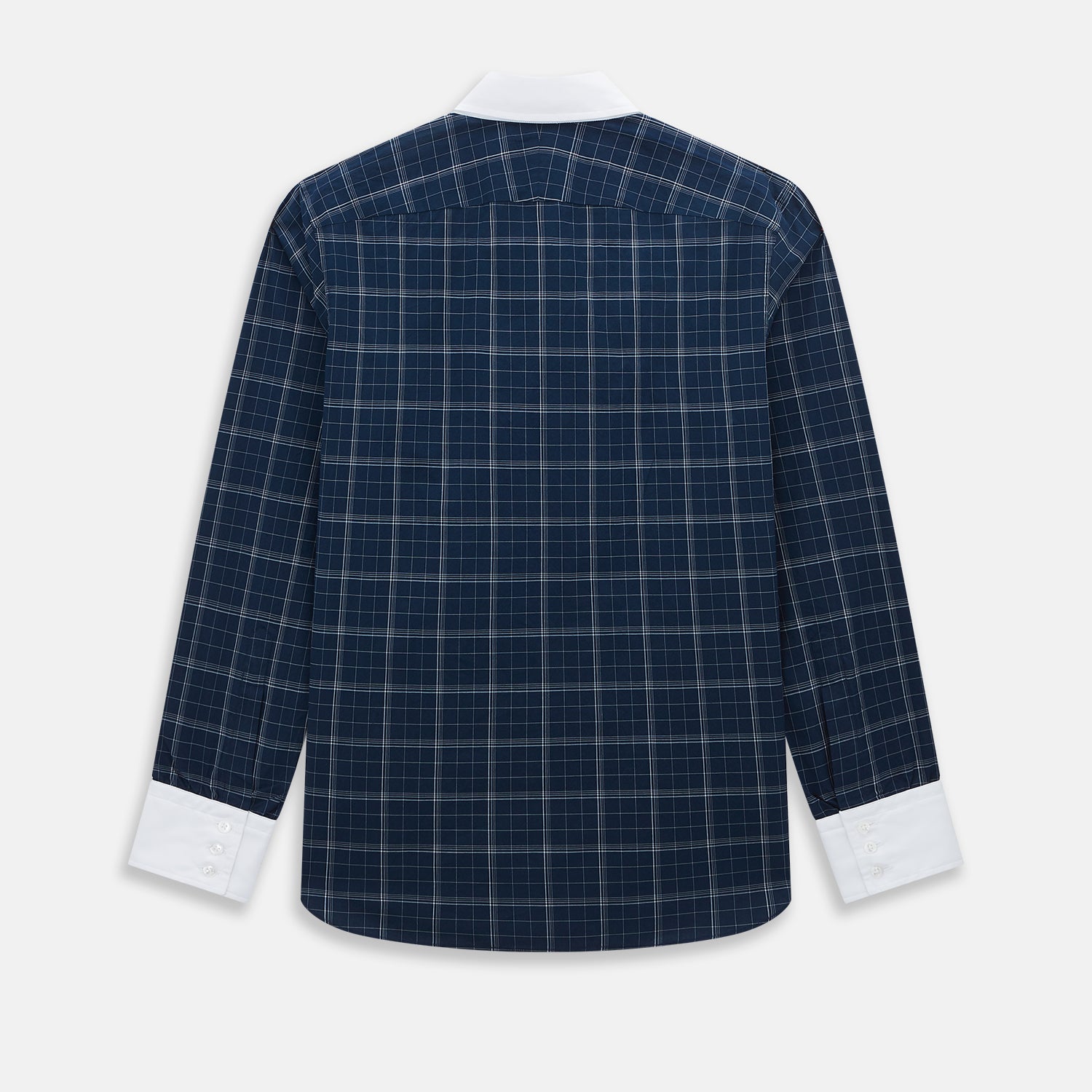 View 3 of product The Turnbull & Asser Indigo Windowpane Check Windsor Shirt features a contrast T&A collar and cuffs, highlighting British craftsmanship. It is displayed flat on a white background.