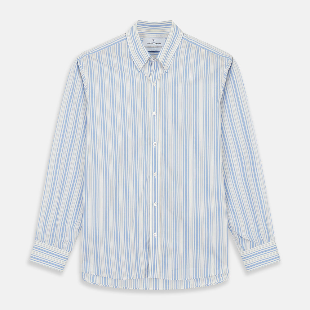 The Turnbull & Asser Blue Multi Stripe Wool Blend Weekend Fit Hayne Shirt features vertical blue, yellow, and white stripes, a button-down collar, and buttoned cuffs. Laid flat on a white background.