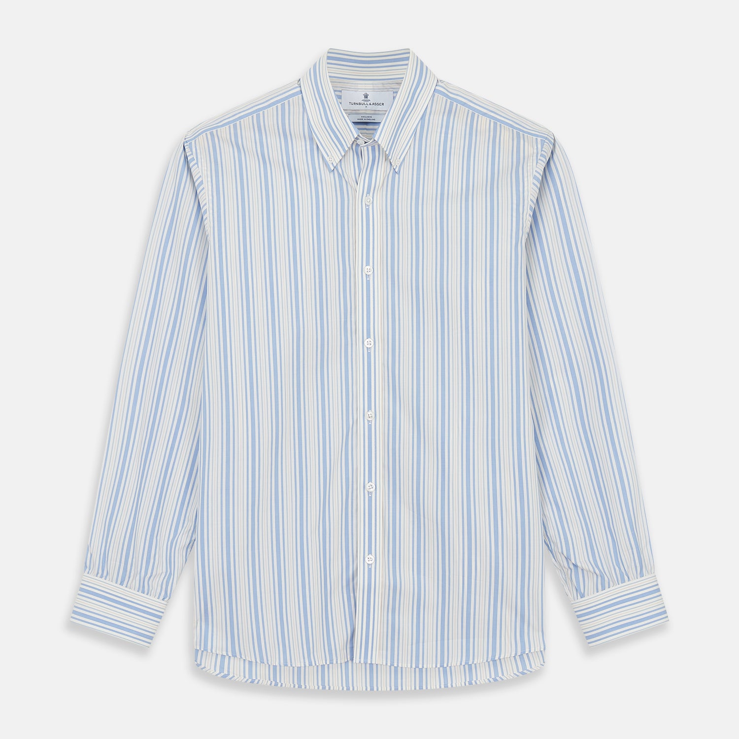 View 1 of product The Turnbull & Asser Blue Multi Stripe Wool Blend Weekend Fit Hayne Shirt features vertical blue, yellow, and white stripes, a button-down collar, and buttoned cuffs. Laid flat on a white background.