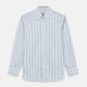 The Turnbull & Asser Blue Multi Stripe Wool Blend Weekend Fit Hayne Shirt features vertical blue, yellow, and white stripes, a button-down collar, and buttoned cuffs. Laid flat on a white background.