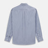 View 5 of product The Turnbull & Asser Pale Blue and White Pinstripe Cotton Blend Weekend Fit Finch Shirt features long sleeves, a chest pocket, and white buttons—ideal for classic, casual style. Shown laid flat on a white background.