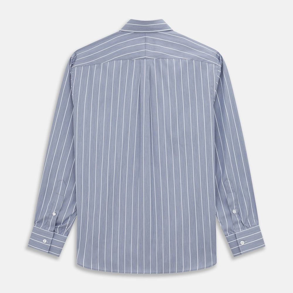 The Turnbull & Asser Pale Blue and White Pinstripe Cotton Blend Weekend Fit Finch Shirt features long sleeves, a chest pocket, and white buttons—ideal for classic, casual style. Shown laid flat on a white background.